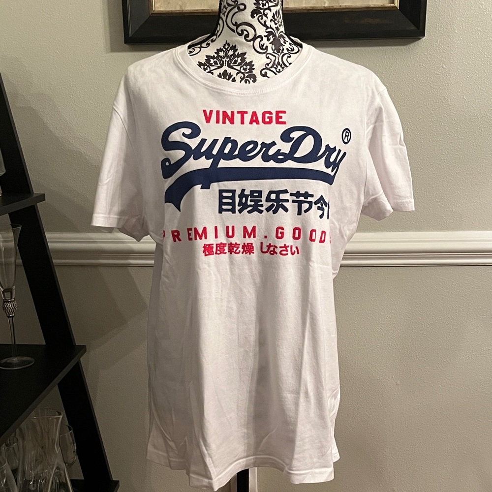 Superdry Vintage White Tee with Blue and Red Accents